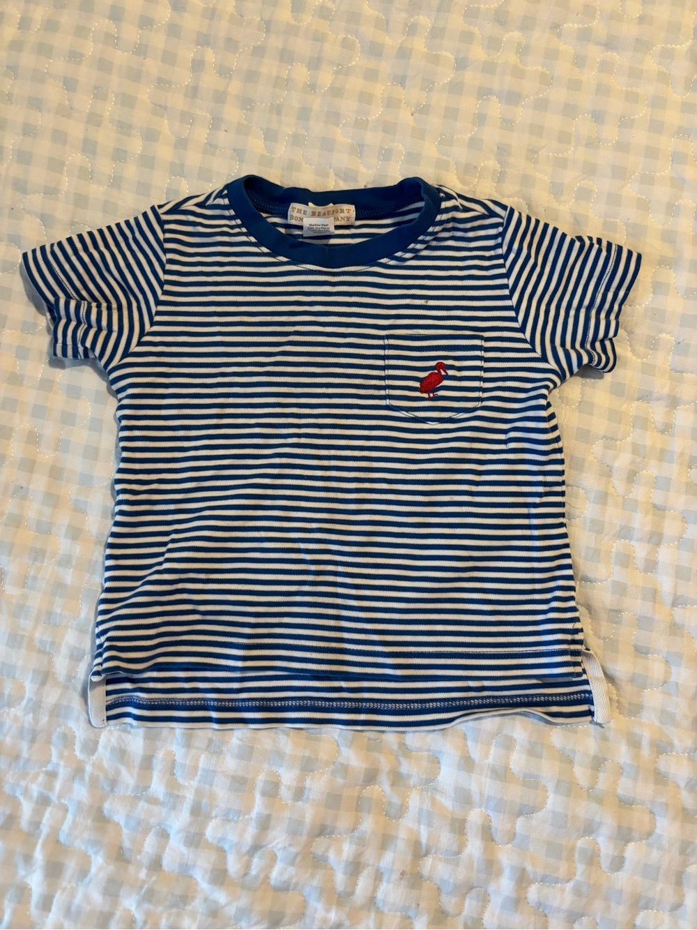 Striped Blue & White Kids Tee with Red Bird Embroidery